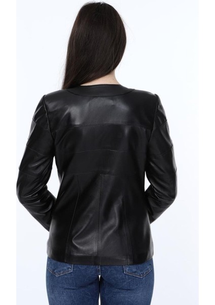 Hakiki Deri Siyah Yuvarlak Yaka Luna Kadın Deri Mont