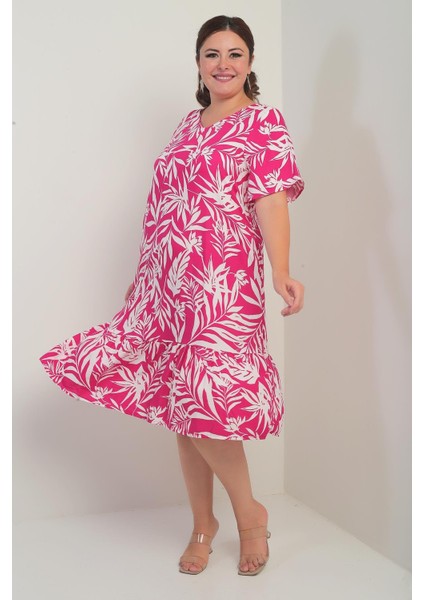 Kadın V Yaka Karışık Yaprak Desenli Cepli Eteği Fırfırlı Büyük Beden Elbise