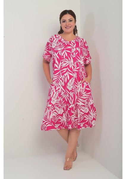 Kadın V Yaka Karışık Yaprak Desenli Cepli Eteği Fırfırlı Büyük Beden Elbise fiyatları