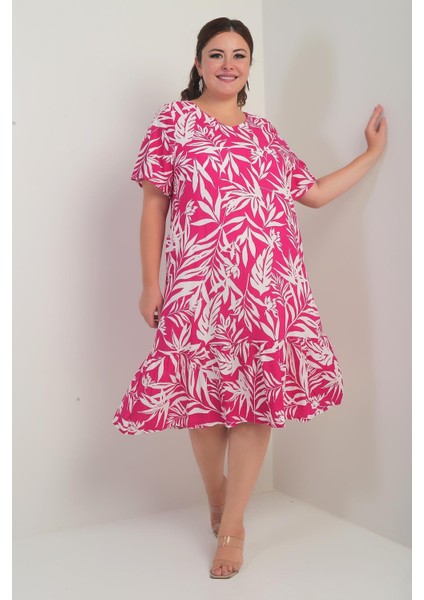 Kadın V Yaka Karışık Yaprak Desenli Cepli Eteği Fırfırlı Büyük Beden Elbise modelleri