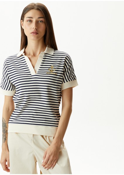 Kadın Lacivert Slim Fit Çizgili Polo Yaka T-Shirt