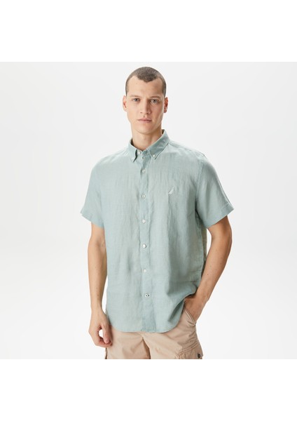 Erkek Yeşil Classic Fit Kısa Kollu Keten Gömlek