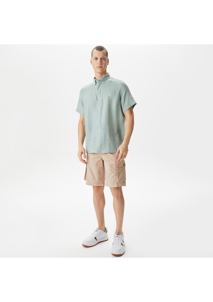 Erkek Yeşil Classic Fit Kısa Kollu Keten Gömlek modelleri