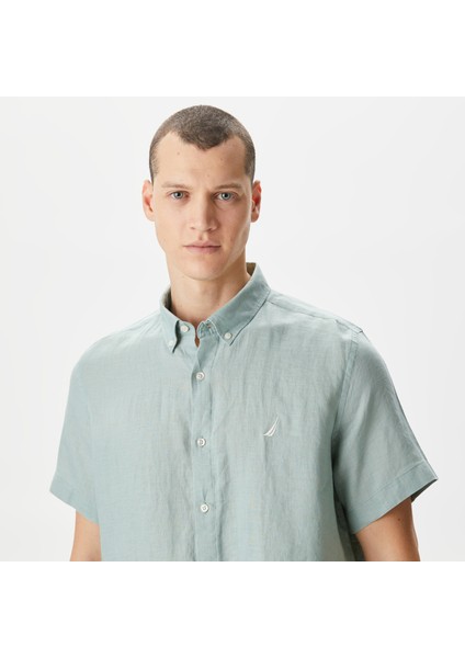 Erkek Yeşil Classic Fit Kısa Kollu Keten Gömlek fırsatları