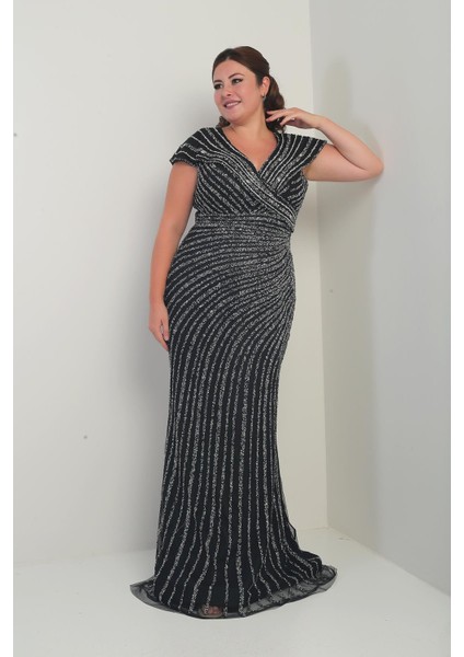 Kadın Ön Arka V Yaka Taş Baskılı Astarlı Büyük Beden Balık Elbise