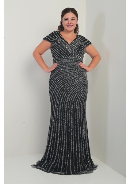 Kadın Ön Arka V Yaka Taş Baskılı Astarlı Büyük Beden Balık Elbise fiyatları