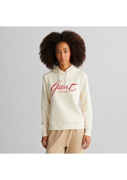 Kadın Krem Relaxed Fit Kapüşonlu Logolu Sweatshirt