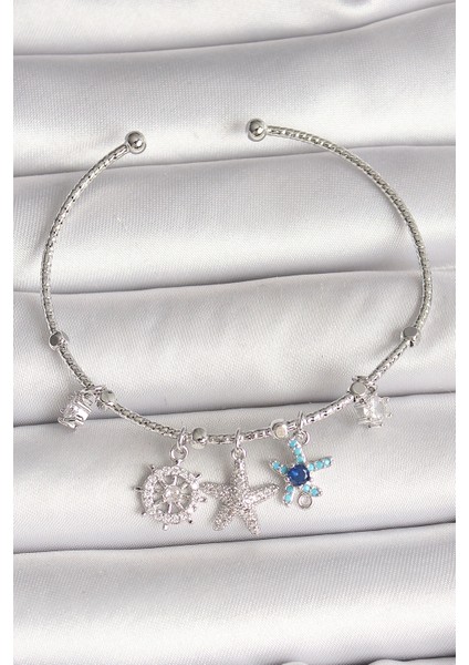 Pirinç Gümüş Renk Sallantı Zirkon Taşlı Deniz Yıldız Figür Charm Kadın Bileklik