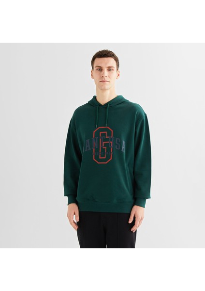 Erkek Yeşil Relaxed Fit Kapüşonlu Logolu Sweatshirt