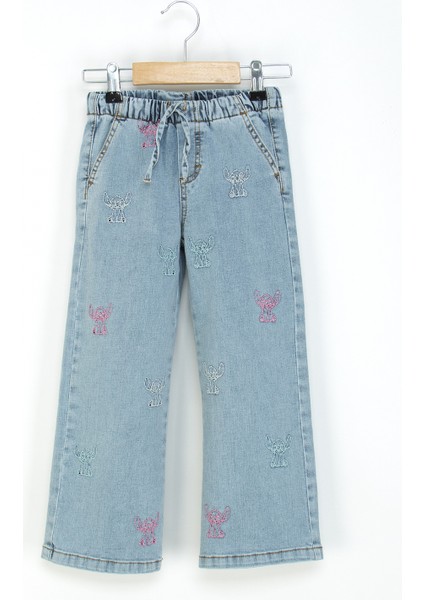 Kız Çocuk Bol Paça Kot Pantolon Beli Lastikli My Melody ve Kuromi Nakışlı Jean