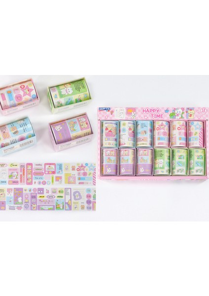 Happy Time Dekoratif Washi Bant 7,2 cm x 1,8 M, 1 Adet, Pastel Renkli Sevimli Desenli