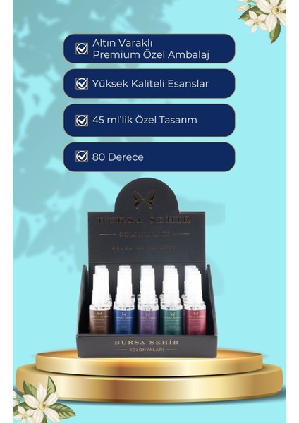 5'li Kolonya Seti, Karma Kolonya Seti, 80 Derece, (Ulu Çınar, Uludağ, Tirilye Sahili, Gölyazı, Cumalıkızık) modelleri