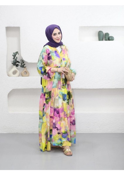 Kadın Rahat Kalıp Düğmeli Desenli Modal Elbise