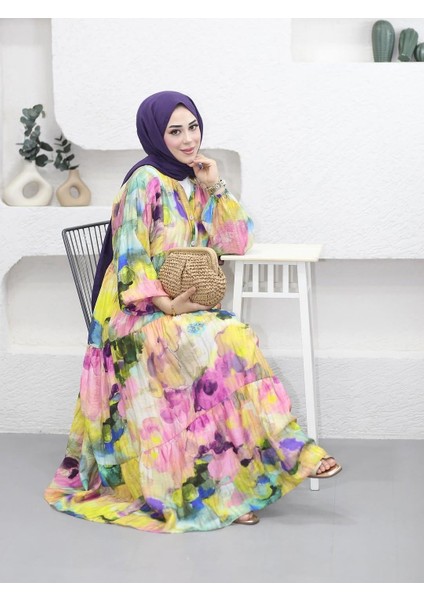 Kadın Rahat Kalıp Düğmeli Desenli Modal Elbise fiyatları