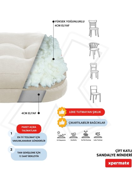Çift Kat Sandalye Minderi Fermuarlı Yıkanabilir Kılıf Bağcıklı Su ve Yağ Itici 42X42X8 Bej fırsatları