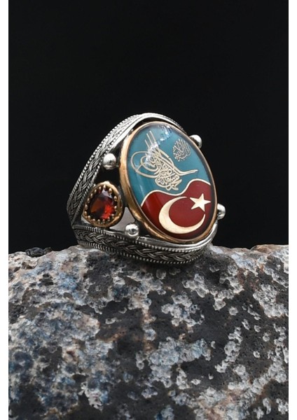 Kelime-I Tevhid Yazlı ve Osmanlı Tuğralı ve Ay Yıldızlı 925 Ayar Gümüş Yüzük 902060