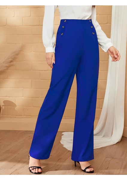 Kadın Düğme Detay Bol Paça Ithal Krep Pantolon modelleri