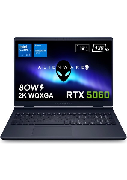 Alienware 16 Aurora Intel Core 7-240H 16GB DDR5 1TB SSD RTX5060 8GB 80W 16 inç 2K WQXGA 120Hz WVA Windows 11 Home Taşınabilir Bilgisayar (AC16250-C716156W)