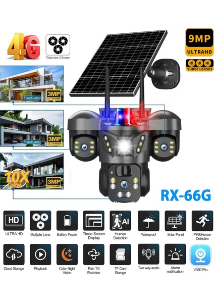 V380 Pro 128GB RX-66G 9MP (3+3+3) Üç Kameralı UltraHD 4G Güneş Enerjili Akıllı Güvenlik Kamerası