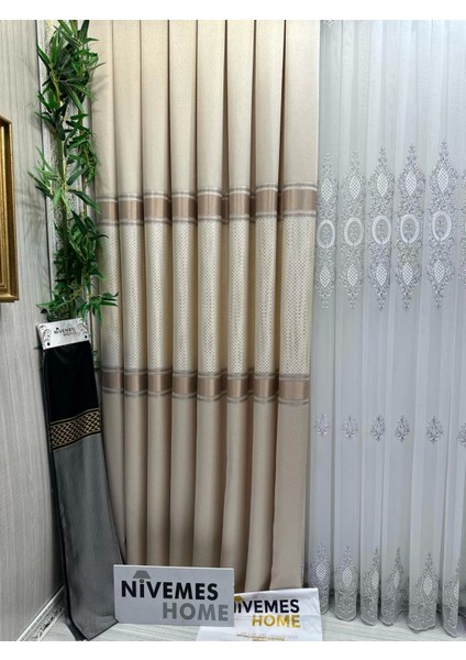 Nivemeshome Mozaik FT614163 V-101 Krem 1/3 Sık Pileli Fon Perde Apm