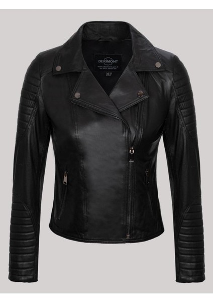 Hakiki Kuzu Derisi Siyah Koldan Düz Çizgi Desenli Yandan Cepli Kadın Deri Mont