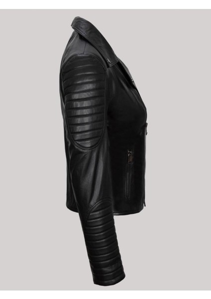 Hakiki Kuzu Derisi Siyah Koldan Düz Çizgi Desenli Yandan Cepli Kadın Deri Mont modelleri