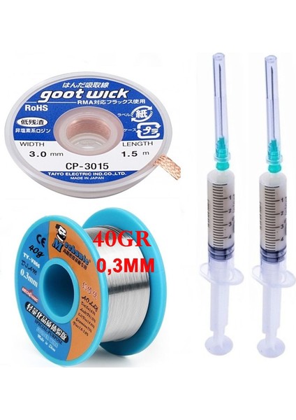 Anakart Tamir Dörtlü Set Lehim Teli 0,3mm Flux Lehim Toplama CP-2515 Lehim Sökme Teli 3,0mm ST03