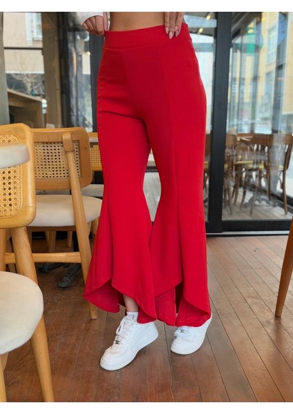 Kadın Yüksek Bel Önden Arkaya Uzanan Volanlı Paçalı Janjan Krep Pantolon