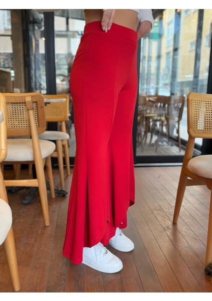 Kadın Yüksek Bel Önden Arkaya Uzanan Volanlı Paçalı Janjan Krep Pantolon fiyatları