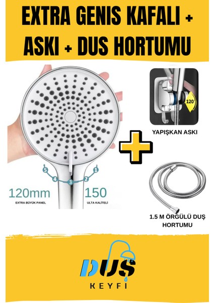 120MM Geniş Başlıklı Duş Başlığı Seti | Basınçlı Su Tasarruflu 5 Fonksiyonlu Masajlı Duş Başlığı + 1.5m Paslanmaz Çelik Örgülü Duş Hortumu + Yapışkan Matkap Gerektirmeyen Duş Askısı | Akd Duş Keyfi