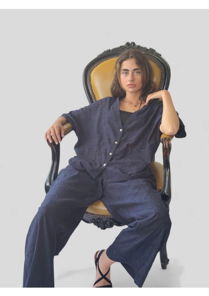 Tasarım Şort Astarlı Bol Pantolon Kadın Koyu Lacivert