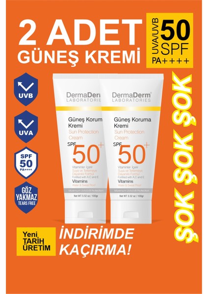 2 Adet Spf 50+ Güneş Koruma Vitaminli Yüz ve Vücut Güneş Kremi 2 x 100ML.