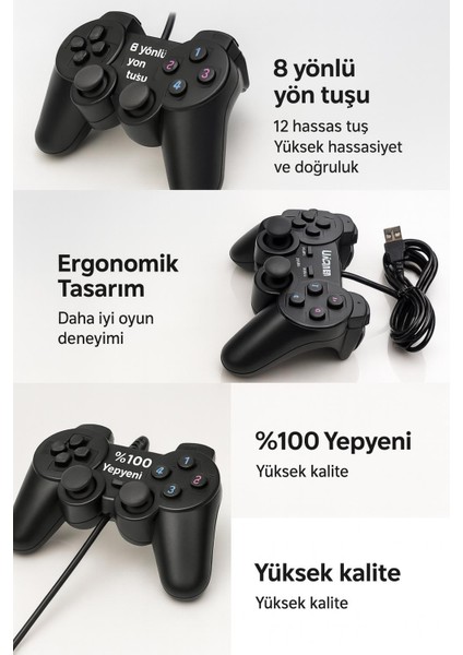 2 Adet Pc Titreşimli Kablolu Usb 2.0 Gamepad Joypad Joystick Oyun Kumandası