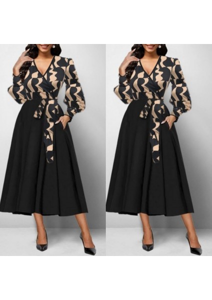 Kadın Uzun Kollu Kruvaze Yaka Dalgıç Krep Midi Boy Elbise Desenli-4xl-5xl fiyatları