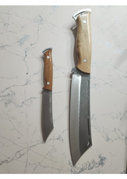 El Yapımı Yerli Üretim Çelik Babalı Oğullu Ikili Avcı Kamp Bıçağı Ahşap Kabzeli