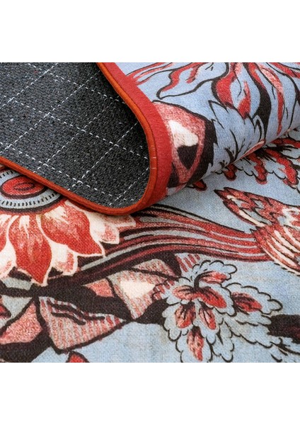 Flora Mavi Tavus Kuşu Çiçek Desen Vintage Halı Dekoratif Yıkanabilir Retro Oturma Odası Salon Halısı