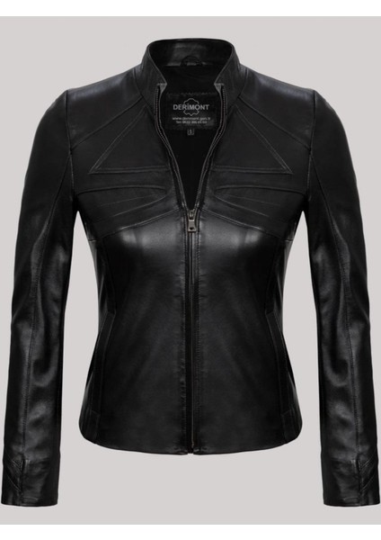 Hakiki Kuzu Derisi Siyah Hakim Yaka Düz Kesim Kadın Deri Mont