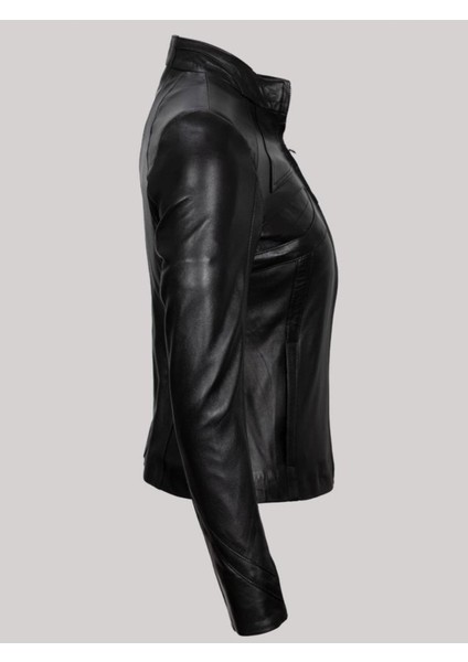 Hakiki Kuzu Derisi Siyah Hakim Yaka Düz Kesim Kadın Deri Mont modelleri