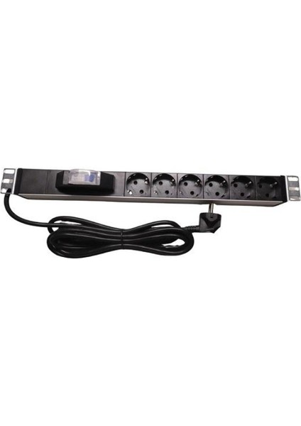 19" 1u Pdu: 6 x Schuko Tip Soketli, 16A Sigortalı, 1,5m Kablolu 3x1.5mm2 Cee 7/7 Tip Fişli Kablolu