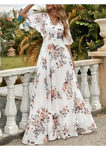Kadın Kısa Kollu V Yakalı Çiçek Desenli Süprem Elbise Beyaz-2xl-3xl