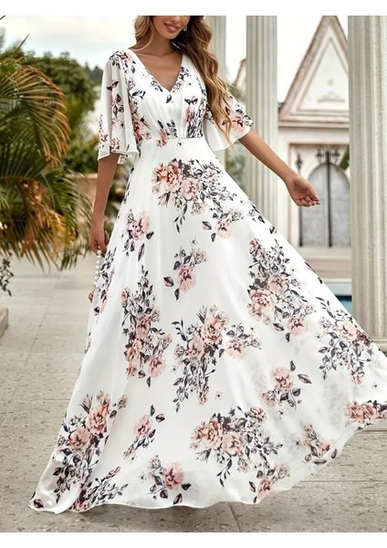 Kadın Kısa Kollu V Yakalı Çiçek Desenli Süprem Elbise Beyaz-2xl-3xl fiyatları