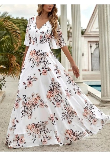 Kadın Kısa Kollu V Yakalı Çiçek Desenli Süprem Elbise Beyaz-2xl-3xl modelleri