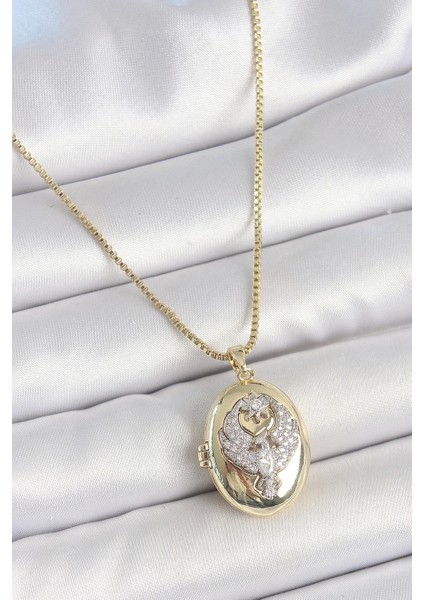 316L Çelik Gold Renk Zincir Zirkon Taşlı Anka Kuşu Işlemeli Açılır Model Kadın Kolye