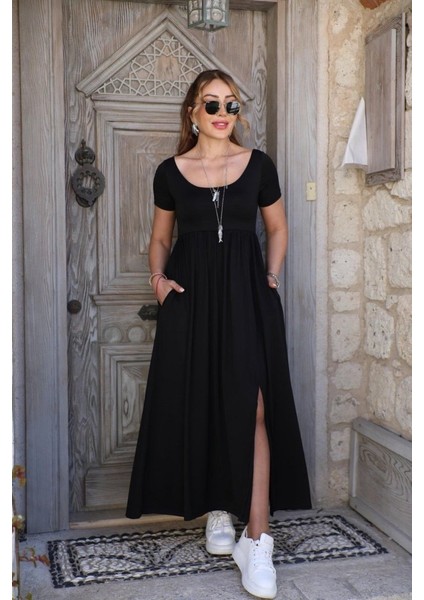 Kadın Kısa Kollu Yuvarlak Yaka Önden Yırtmaçlı Cepli Viskon Uzun Elbise L-Xl-Siyah fırsatları