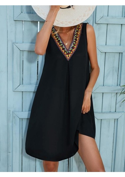 Kadın Sıfır Kol Şerit Detaylı V Yaka Viskon Elbise 2xl-3xl-Siyah fiyatları