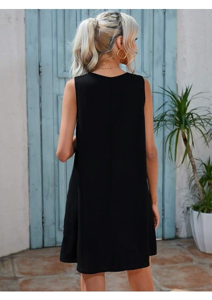 Kadın Sıfır Kol Şerit Detaylı V Yaka Viskon Elbise 2xl-3xl-Siyah fırsatları