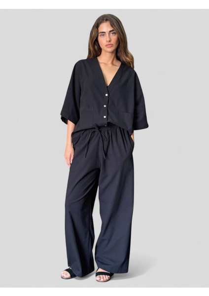 Tasarım Keten Pantolon Kadın Siyah