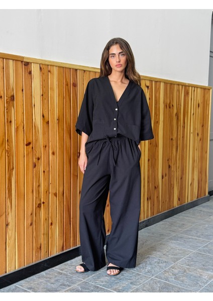 Tasarım Keten Pantolon Kadın Siyah indirimleri