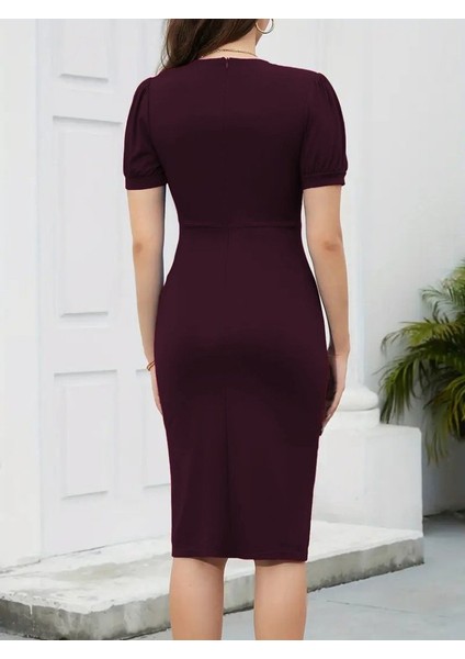Kadın Kısa Kollu V Yakalı Önden Fırfırlı Ithal Krep Elbise S-M-Bordo fırsatları
