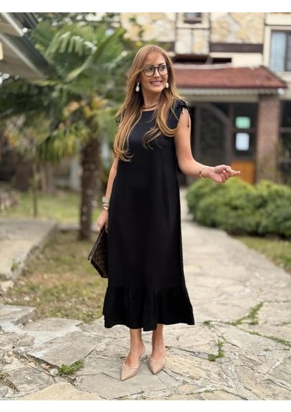 Kadın Omuzlardan Büzgülü Kayık Yaka Fırfırlı Janjan Krep Elbise 2xl-3xl-Siyah